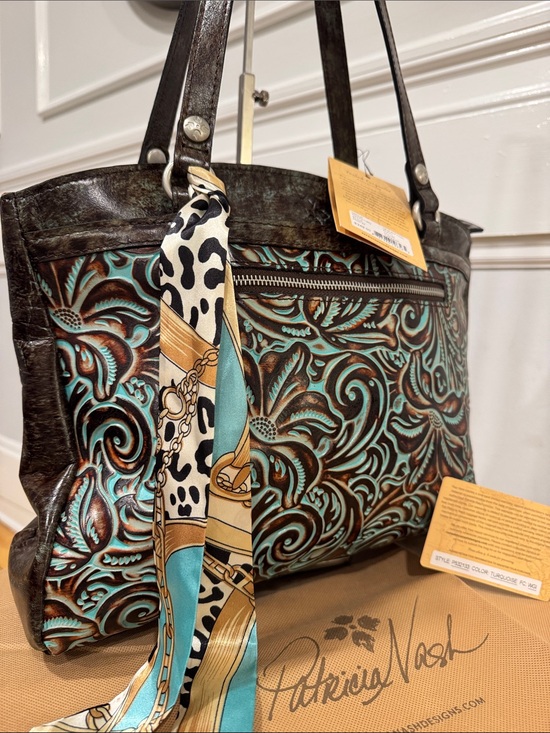 Patricia Nash Handbags - Patricia Nash Bag Tooled Turquoise Brown Leather Floral Embossed Tote NWT